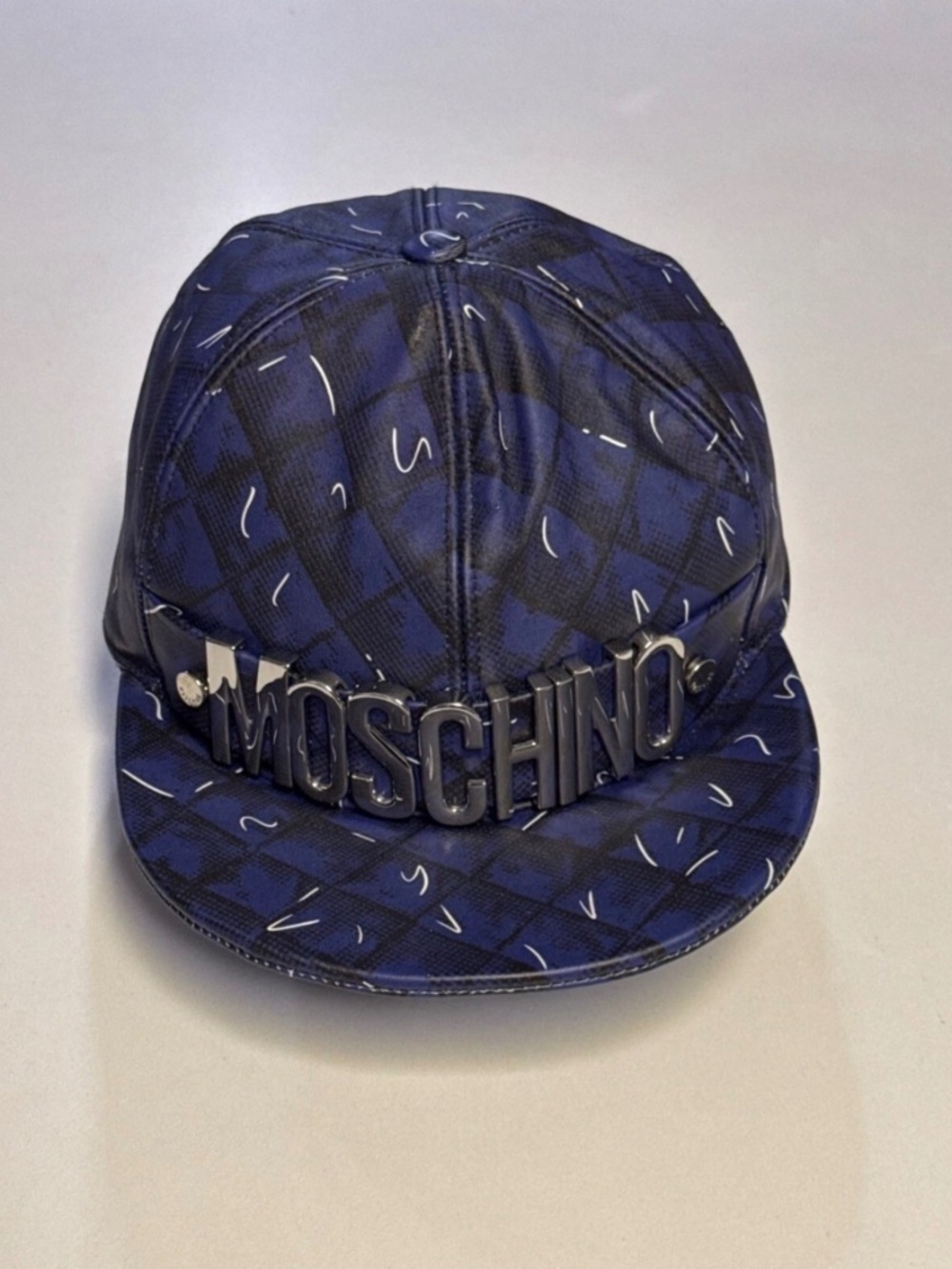 *Moschino Shadow Leather Baseball Cap Size M Blue